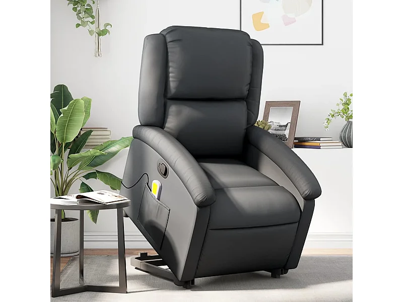 Sillón reclinable de masaje elevable cuero auténtico negro