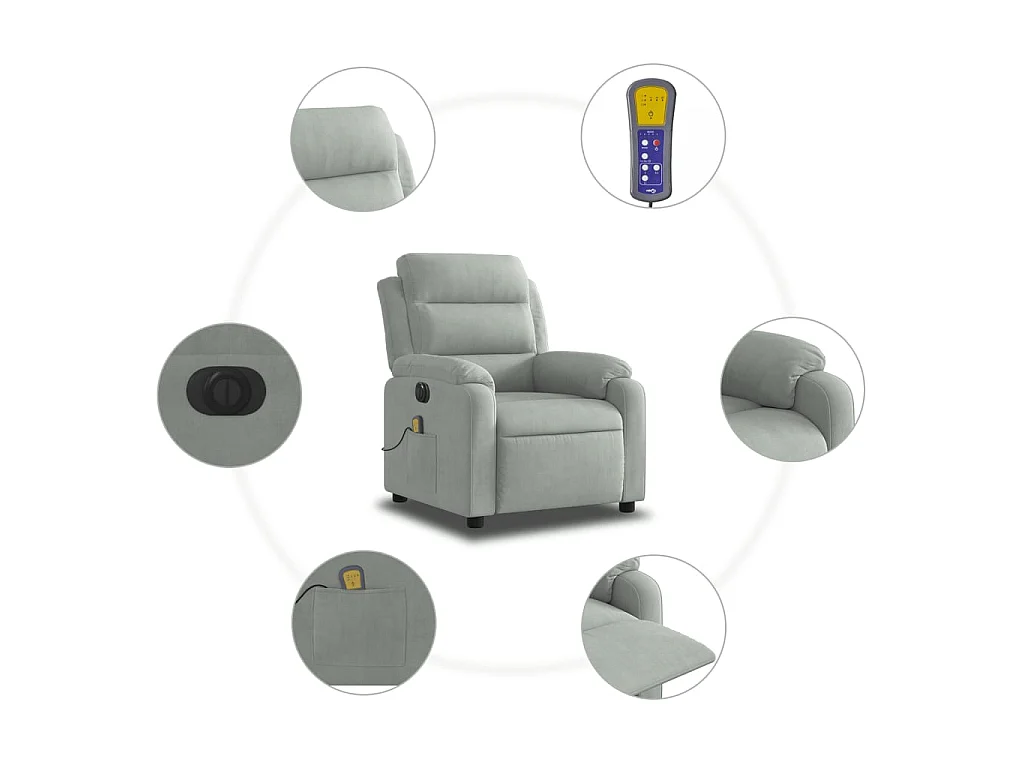 Poltrona Elettrica Massaggi Reclinabile Grigio Chiaro Velluto