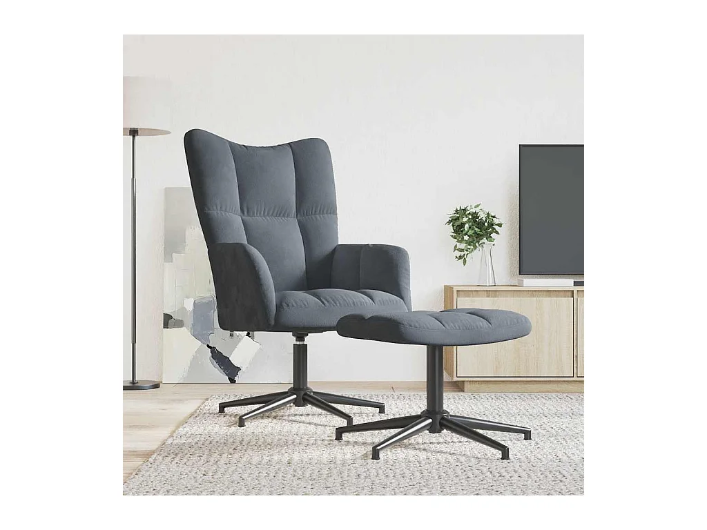 Chaise de relaxation avec tabouret Gris foncé Velours