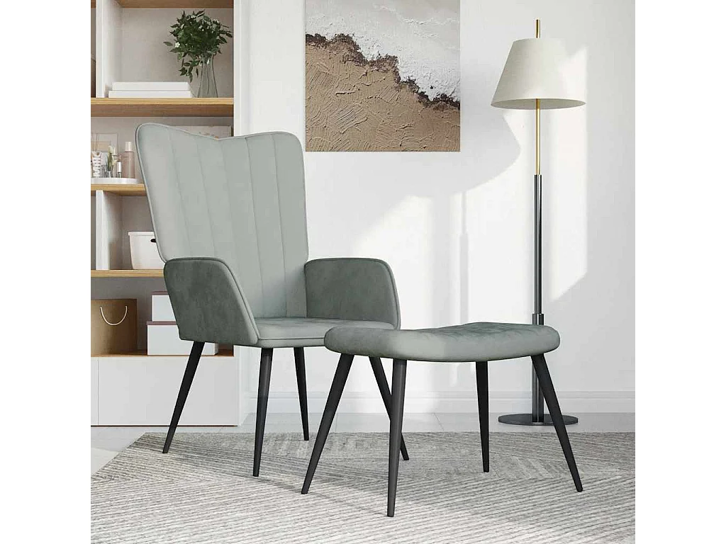 Poltrona Relax con Sgabello Grigio Chiaro in Velluto