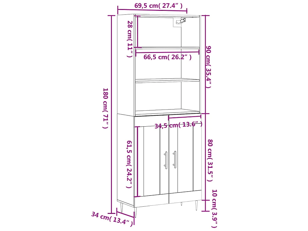 Highboard Grau Sonoma 69,5x34x180 cm Holzwerkstoff