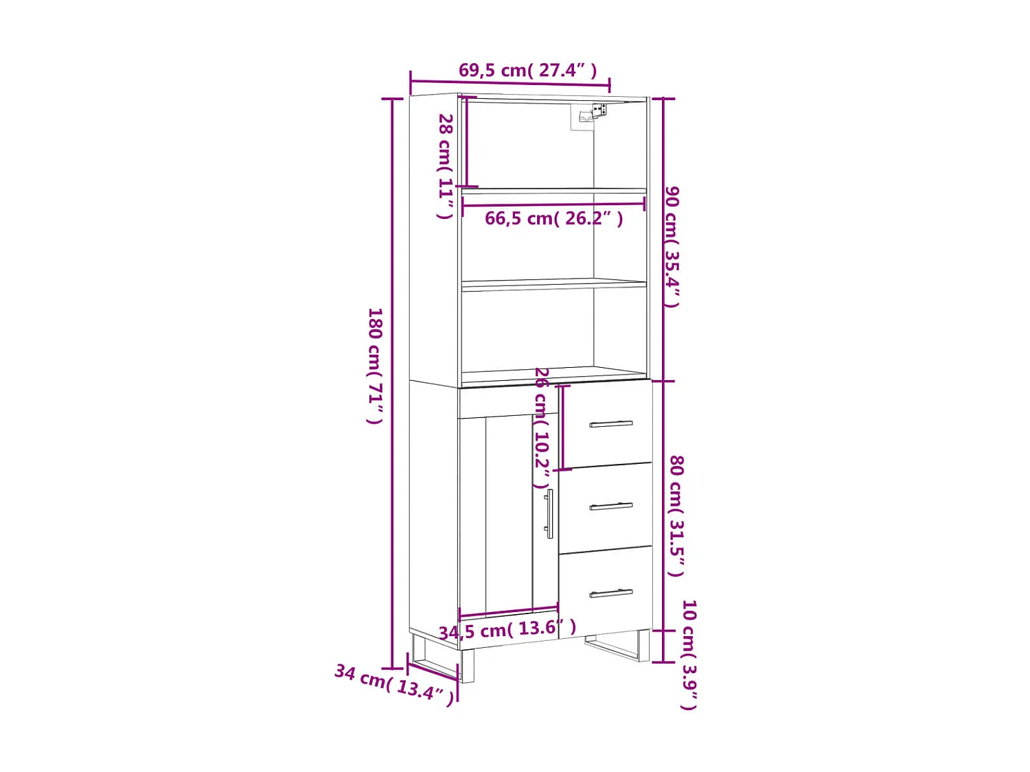 Armário alto 69,5x34x180 cm derivados de madeira sonoma cinza