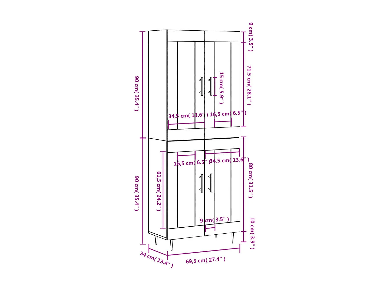 Credenza Grigio Sonoma 69,5x34x180 cm in Legno Multistrato