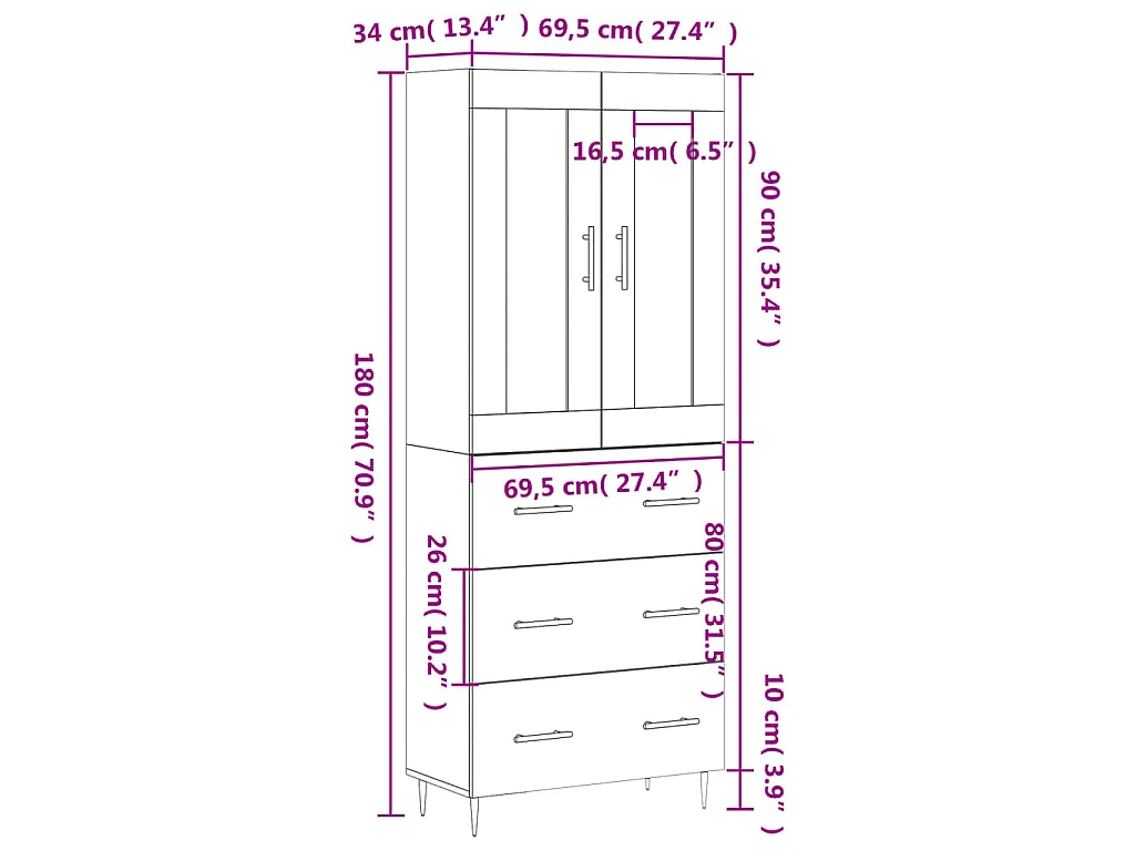 Buffet haut Sonoma gris 69,5x34x180 cm Bois d'ingénierie