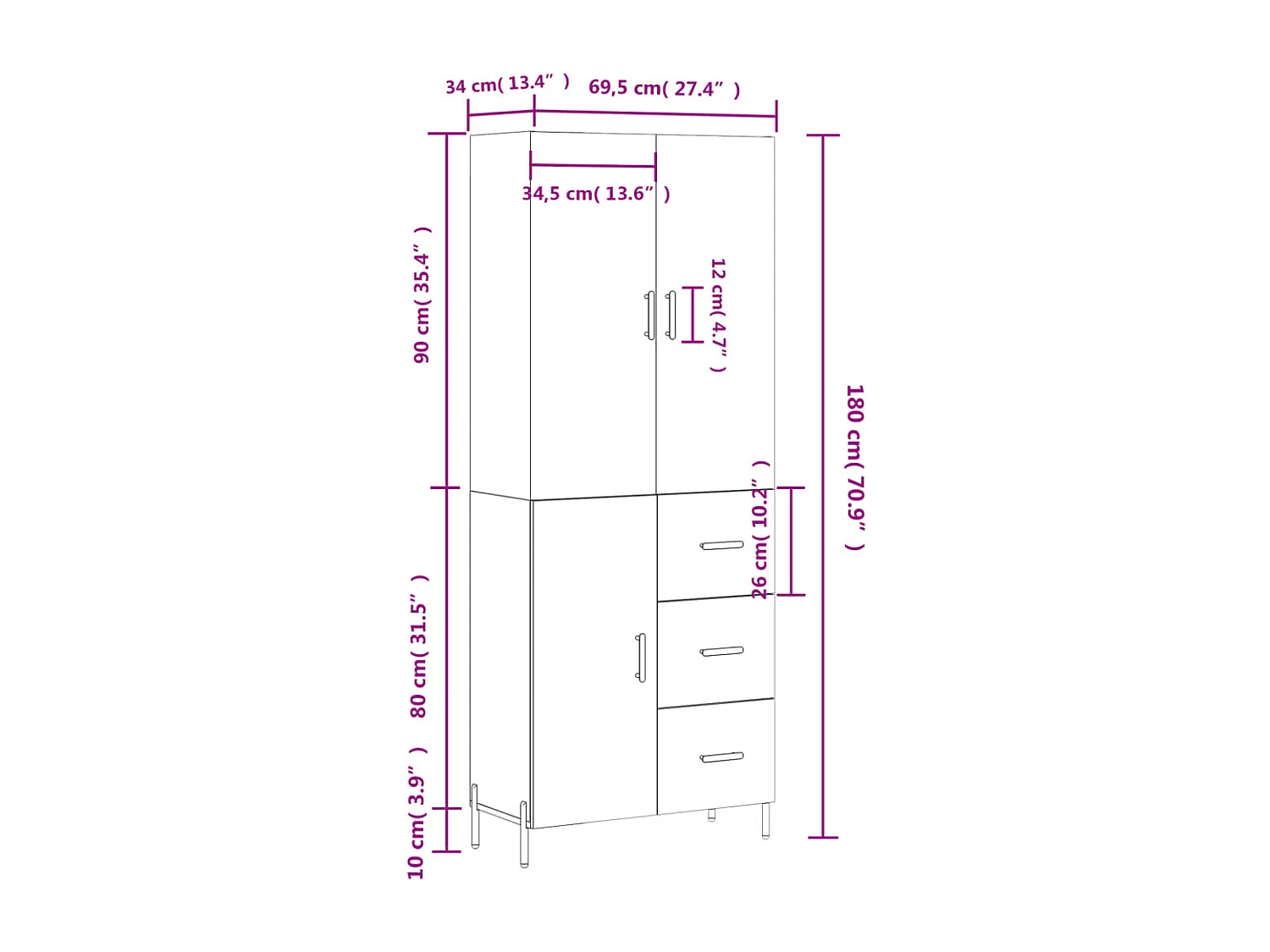 Armário alto 69,5x34x180 cm madeira processada carvalho fumado