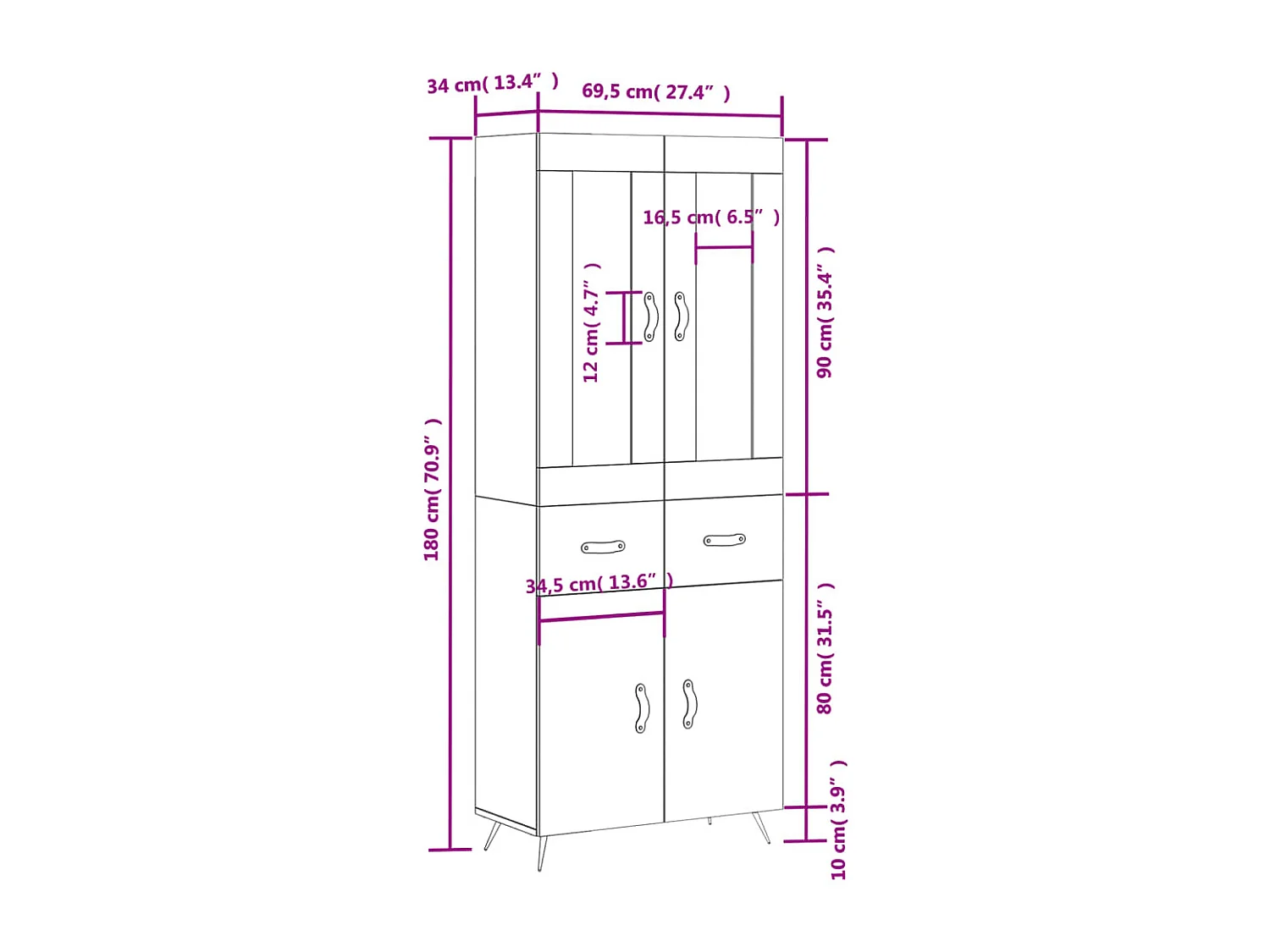 Highboard Grau Sonoma 69,5x34x180 cm Holzwerkstoff