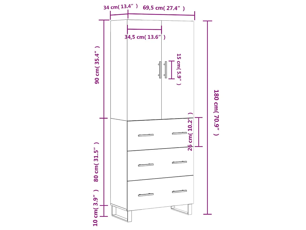 Hoge kast 69,5x34x180 cm bewerkt hout gerookt eikenkleurig