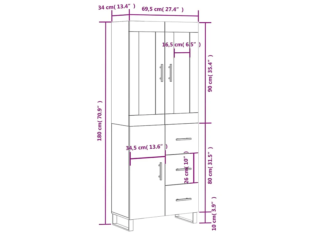 Credenza Bianca 69,5x34x180 cm in Legno Multistrato