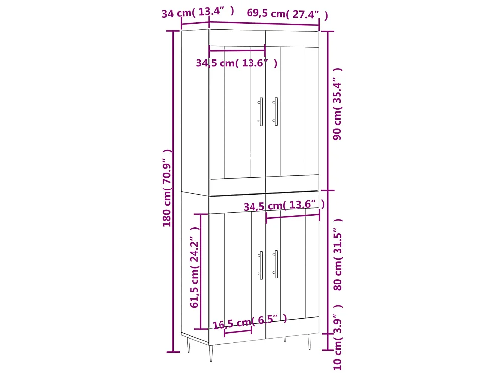 Buffet haut Sonoma gris 69,5x34x180 cm Bois d'ingénierie