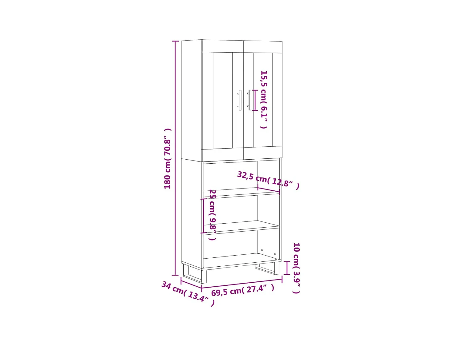 Highboard Grau Sonoma 69,5x34x180 cm Holzwerkstoff