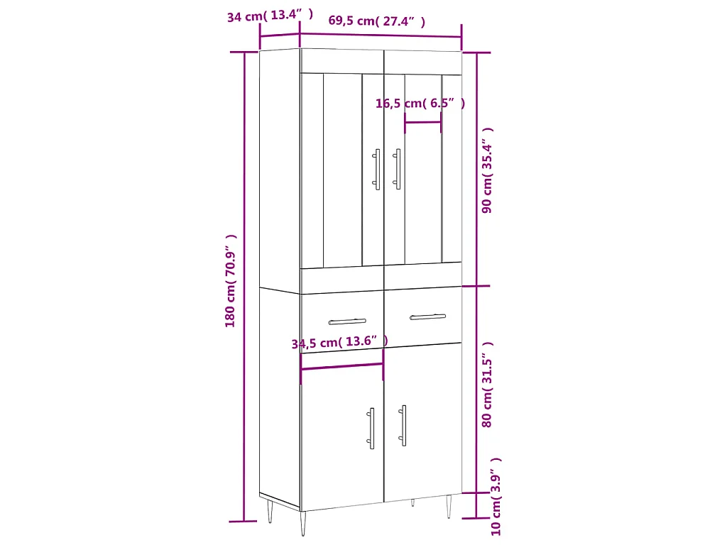 Hoge kast 69,5x34x180 cm bewerkt hout grijs sonoma eikenkleurig