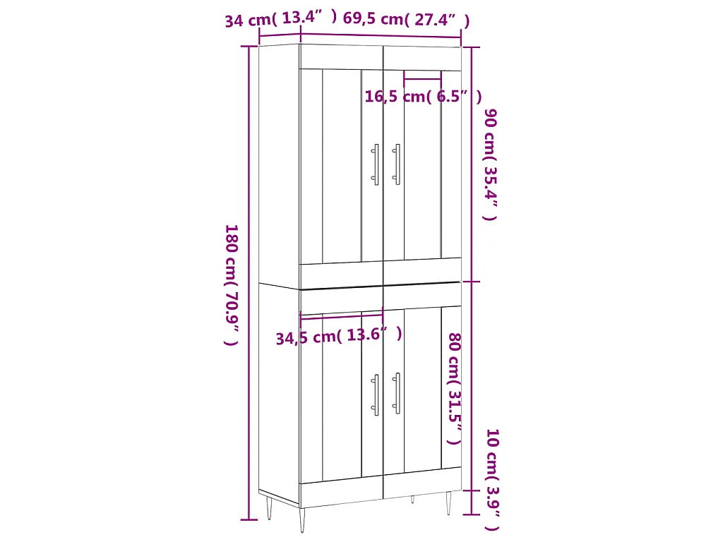 Buffet haut Sonoma gris 69,5x34x180 cm Bois d'ingénierie