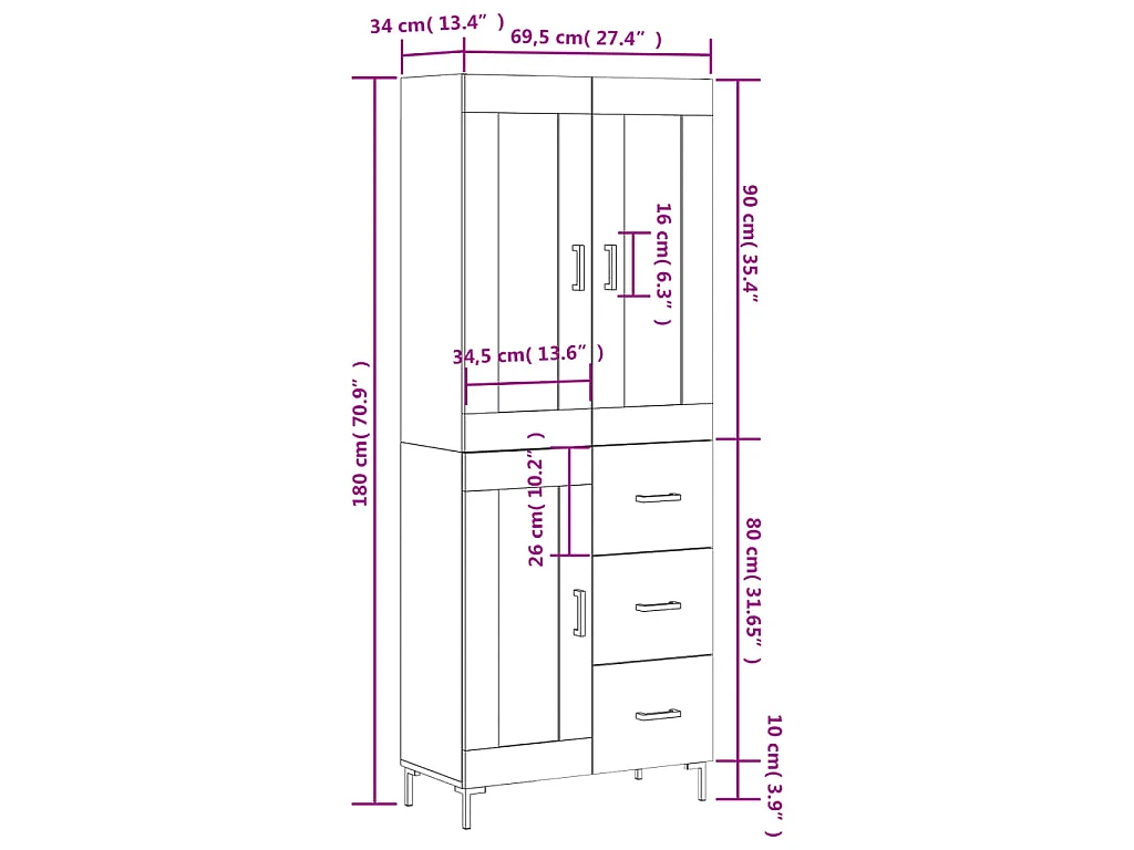 Hoge kast 69,5x34x180 cm bewerkt hout gerookt eikenkleurig