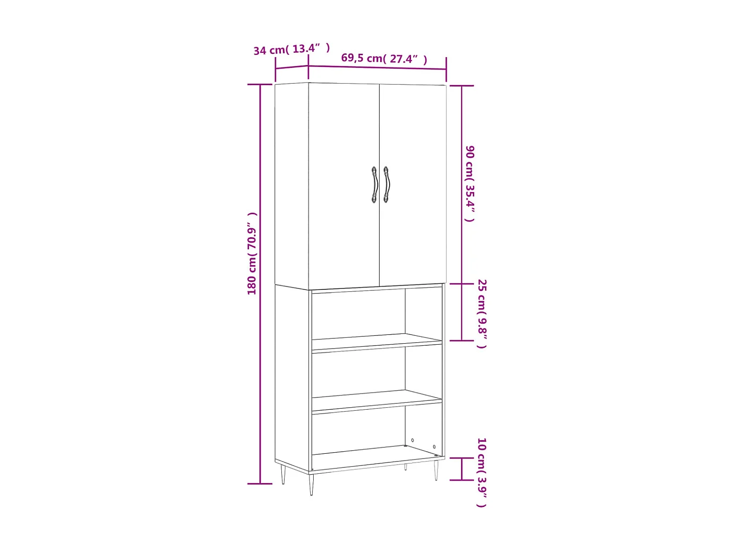 Credenza Rovere Fumo  69,5x34x180 cm in Legno Multistrato