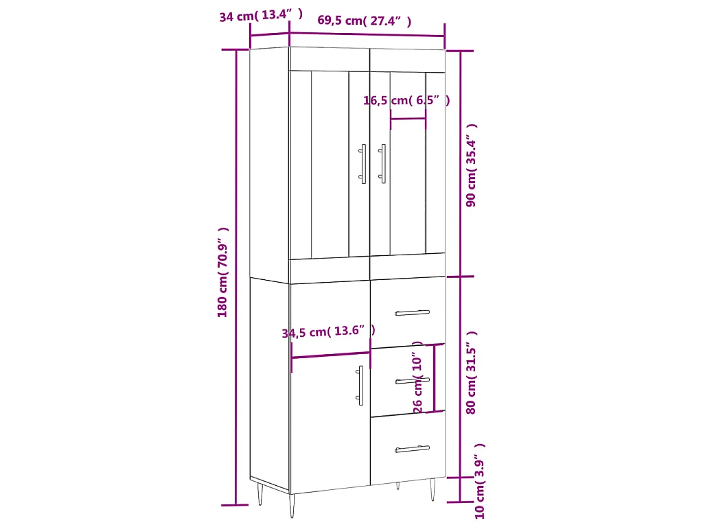 Highboard Grau Sonoma 69,5x34x180 cm Holzwerkstoff