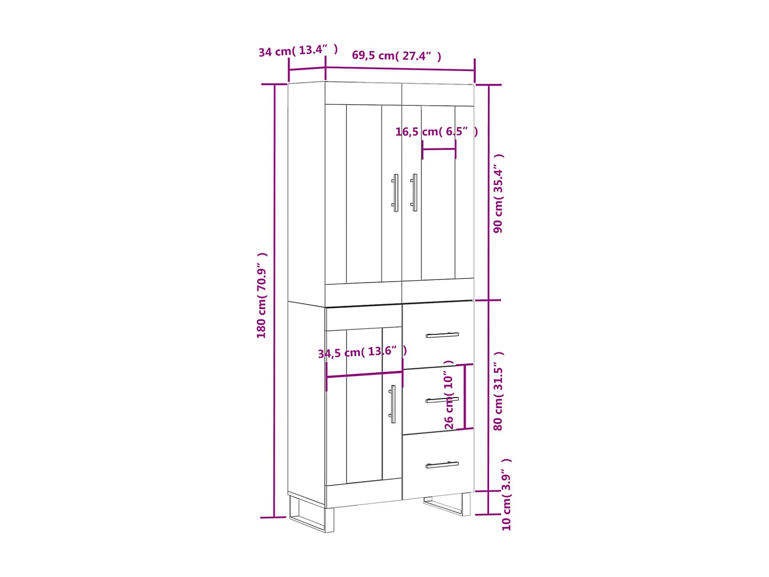 Credenza Grigio Sonoma 69,5x34x180 cm in Legno Multistrato