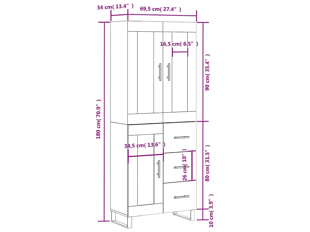 Buffet haut Sonoma gris 69,5x34x180 cm Bois d'ingénierie