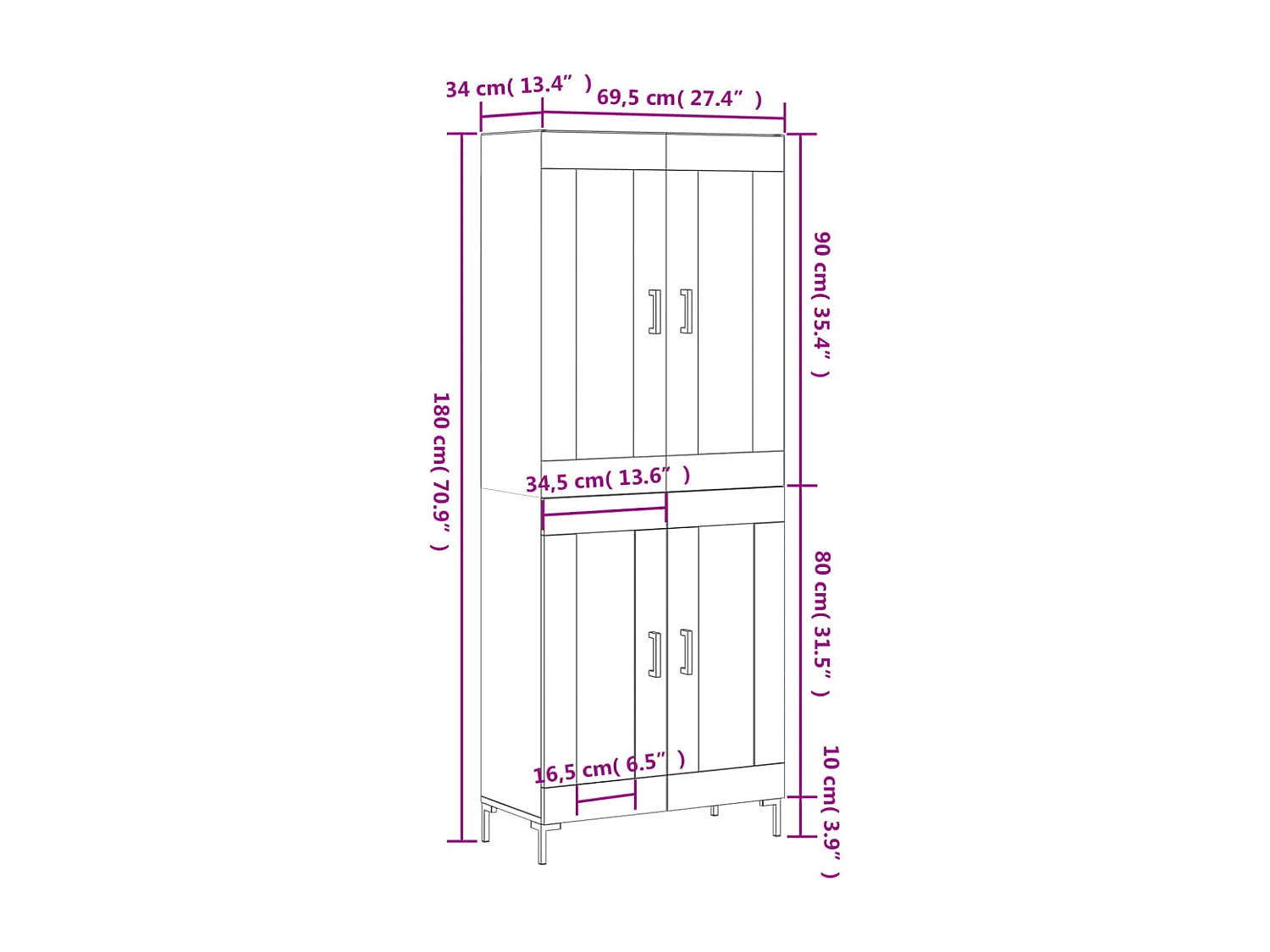 Hoge kast 69,5x34x180 cm bewerkt hout gerookt eikenkleurig