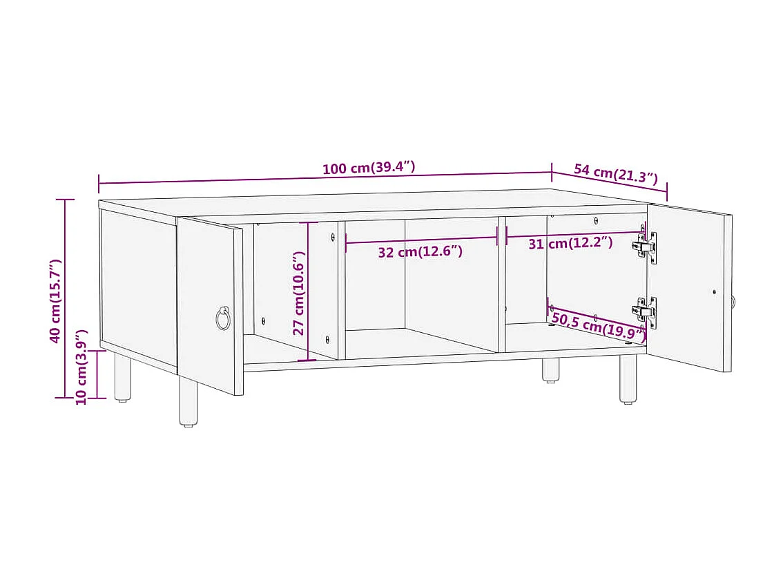 Mesa de centro 100x54x40 cm madeira de mangueira maciça