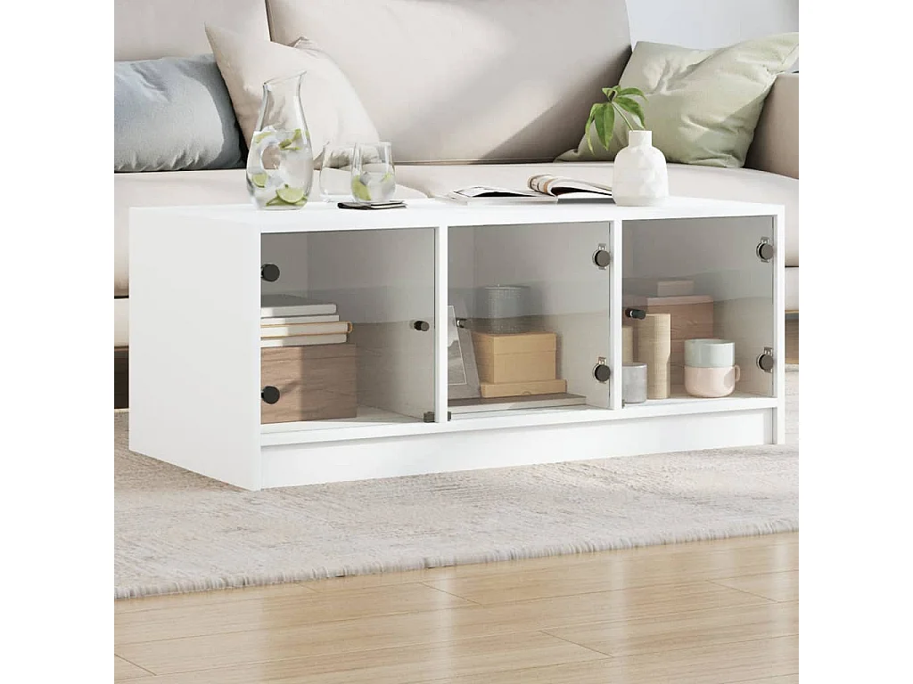 Mesa de centro con puertas de vidrio blanca 102x50x42 cm