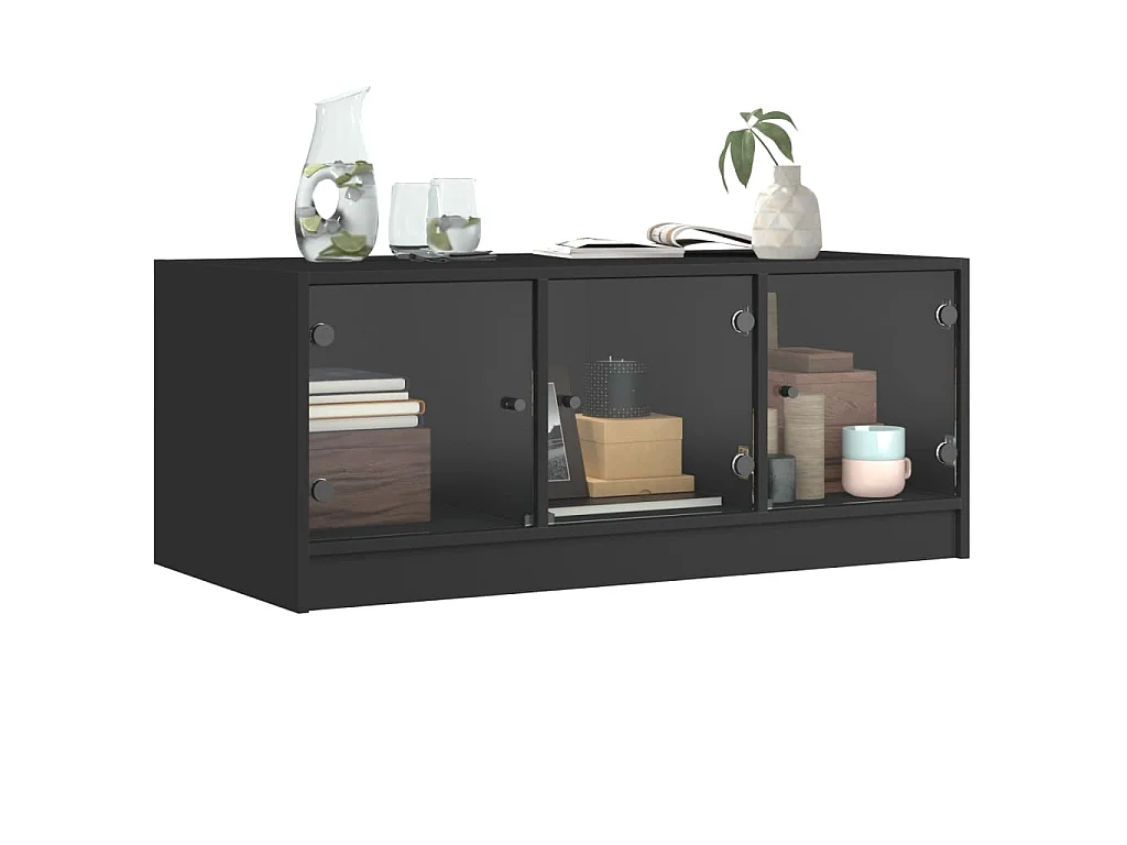 Table basse avec portes en verre noir 102x50x42 cm