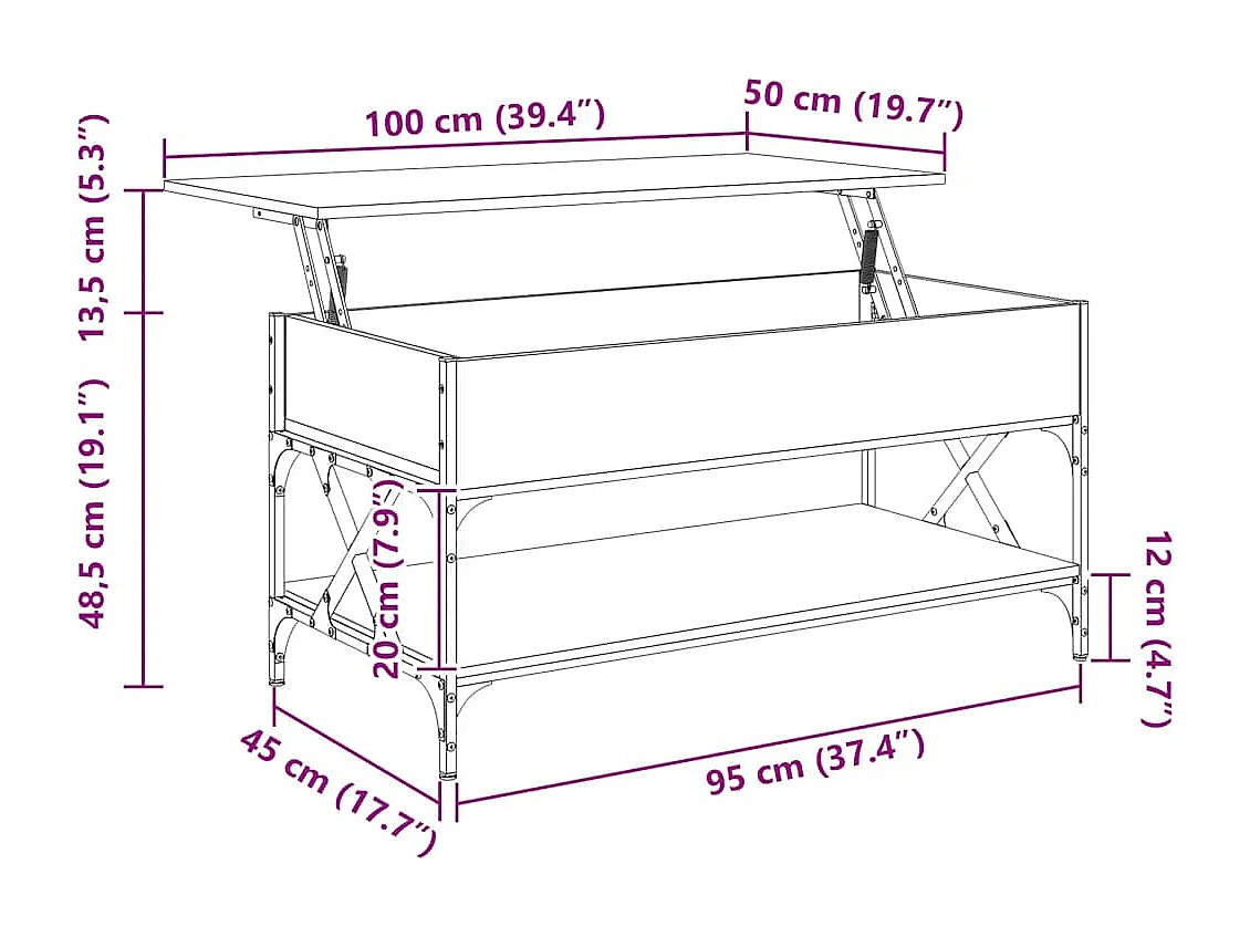 Table basse sonoma gris 100x50x50 cm bois d'ingénierie et métal