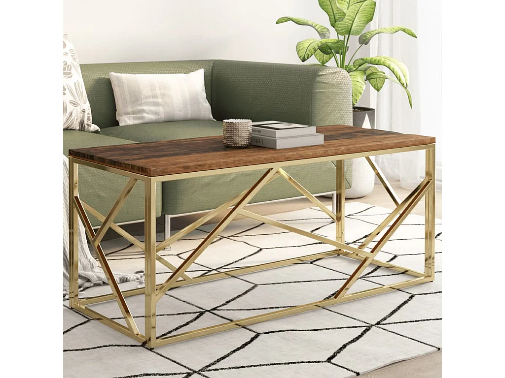 Tavolino Salotto Dorato Acciaio Inossidabile e Legno Massello