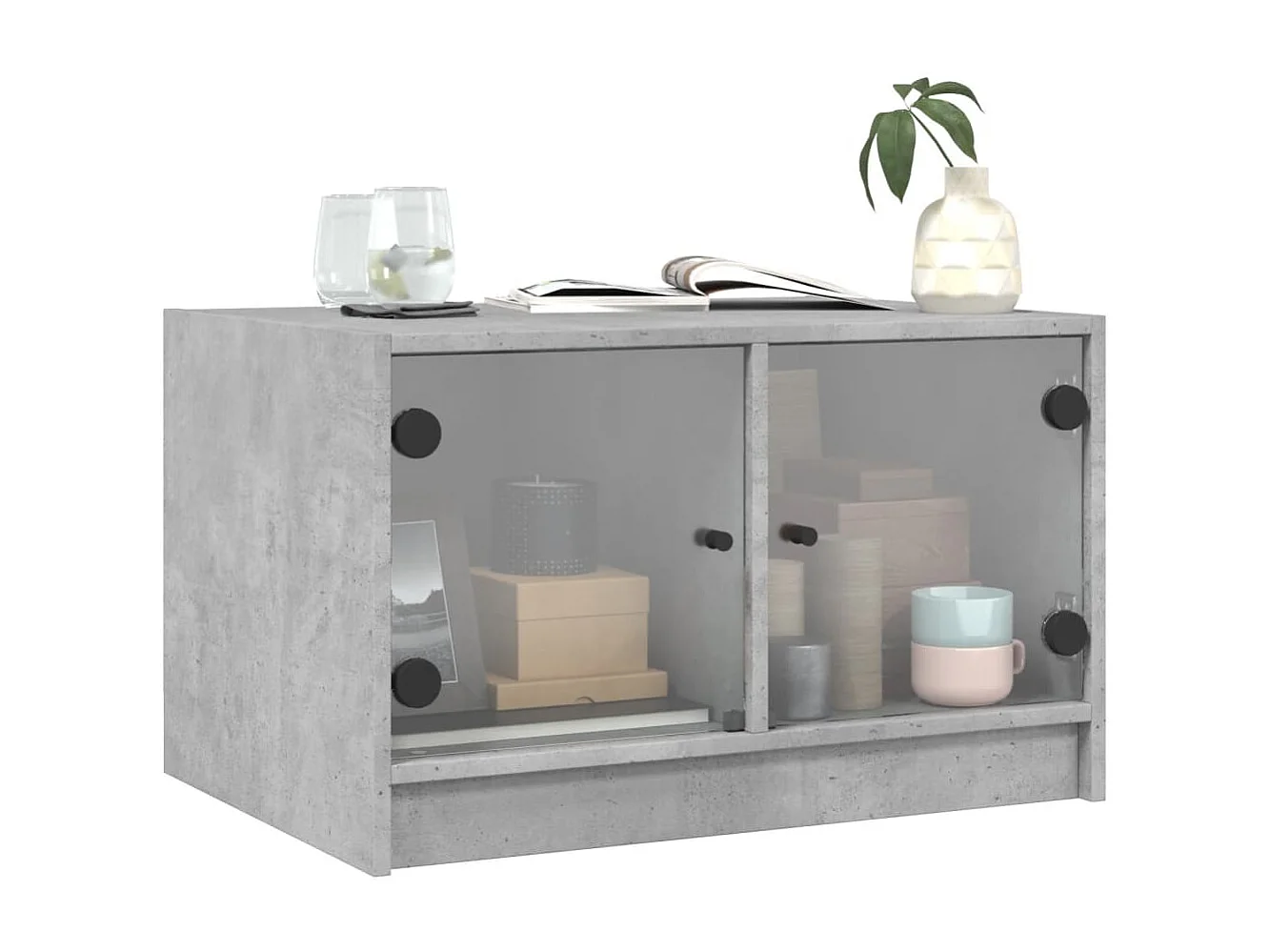 Tavolino da Salotto con Ante in Vetro Grigio Cemento 68x50x42cm