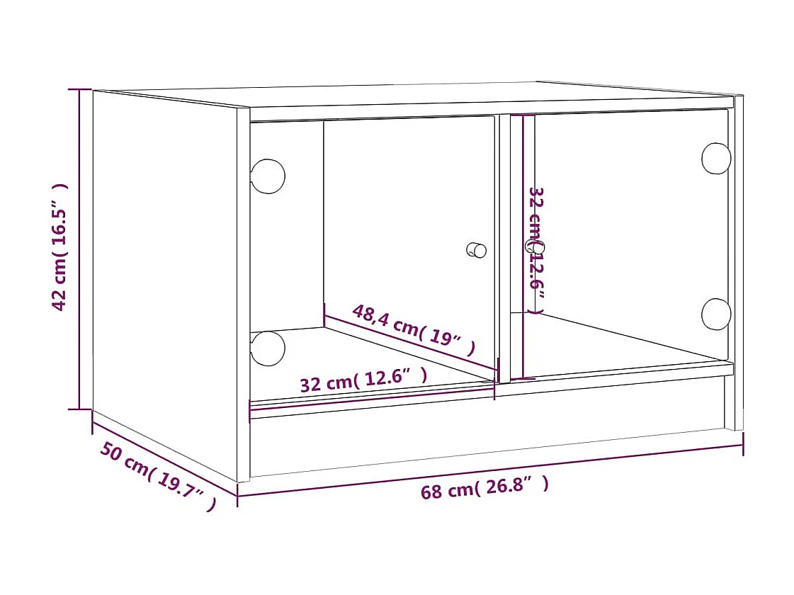 Table basse avec portes en verre chêne fumé 68x50x42 cm