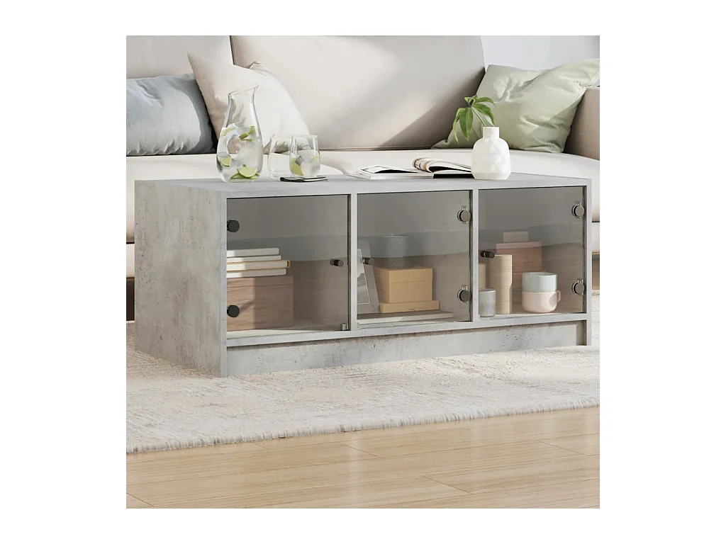 Table basse avec portes en verre gris béton 102x50x42 cm