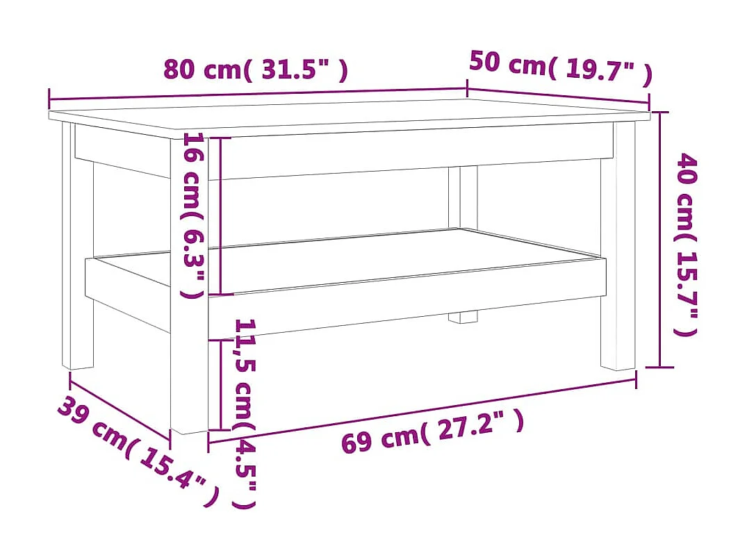Mesa de centro 80x50x40 cm madeira pinho maciça castanho cera