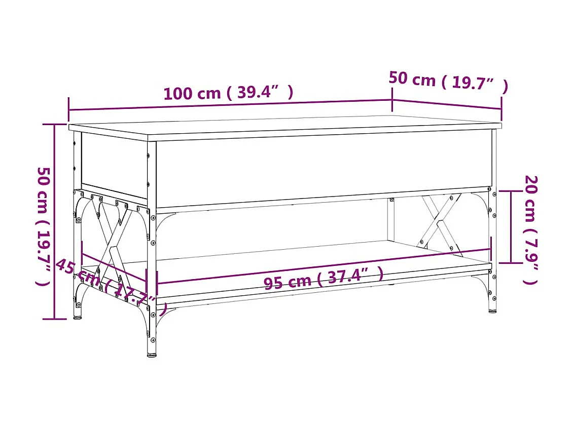 Mesa centro 100x50x50 cm deriv. madeira/metal carvalho castanho