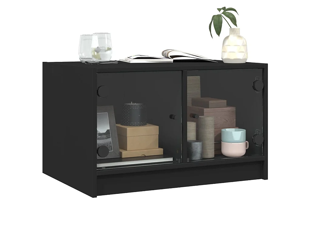Mesa de centro con puertas de vidrio negra 68x50x42 cm
