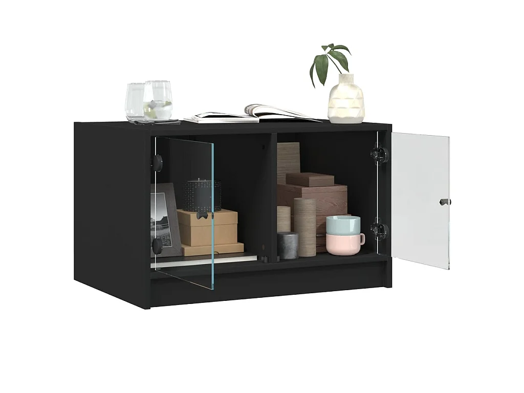 Mesa de centro con puertas de vidrio negra 68x50x42 cm