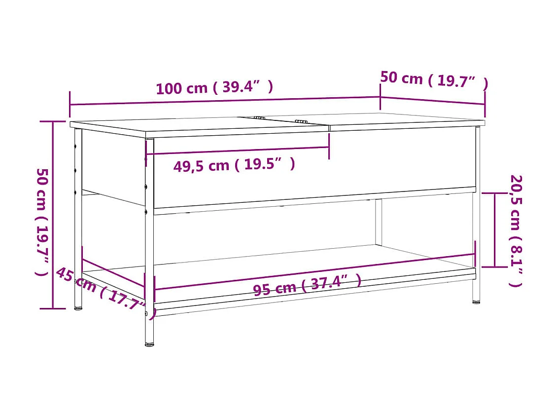 Table basse chêne sonoma 100x50x50cm bois d'ingénierie et métal