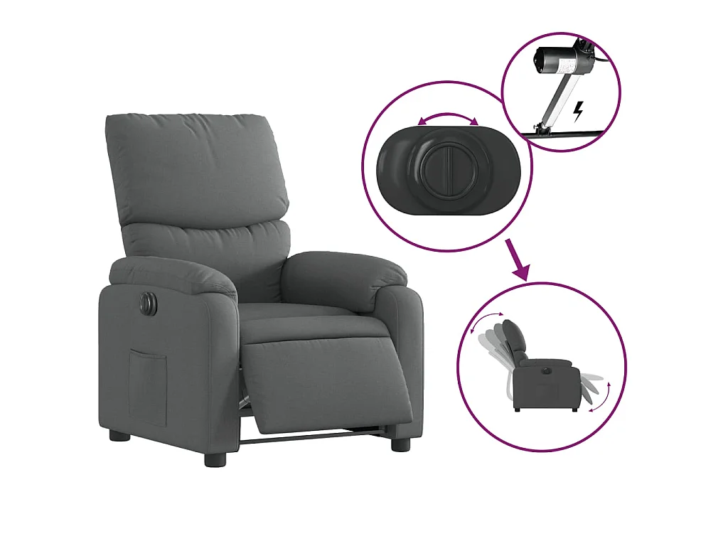 Sillón reclinable eléctrico de tela gris oscuro