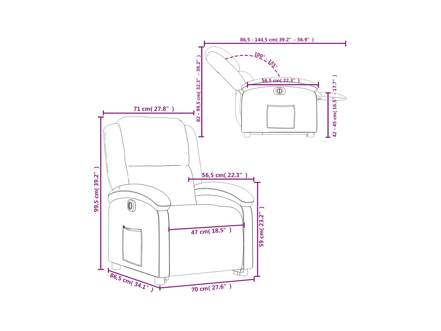 Sillón reclinable eléctrico pie cuero auténtico marrón oscuro