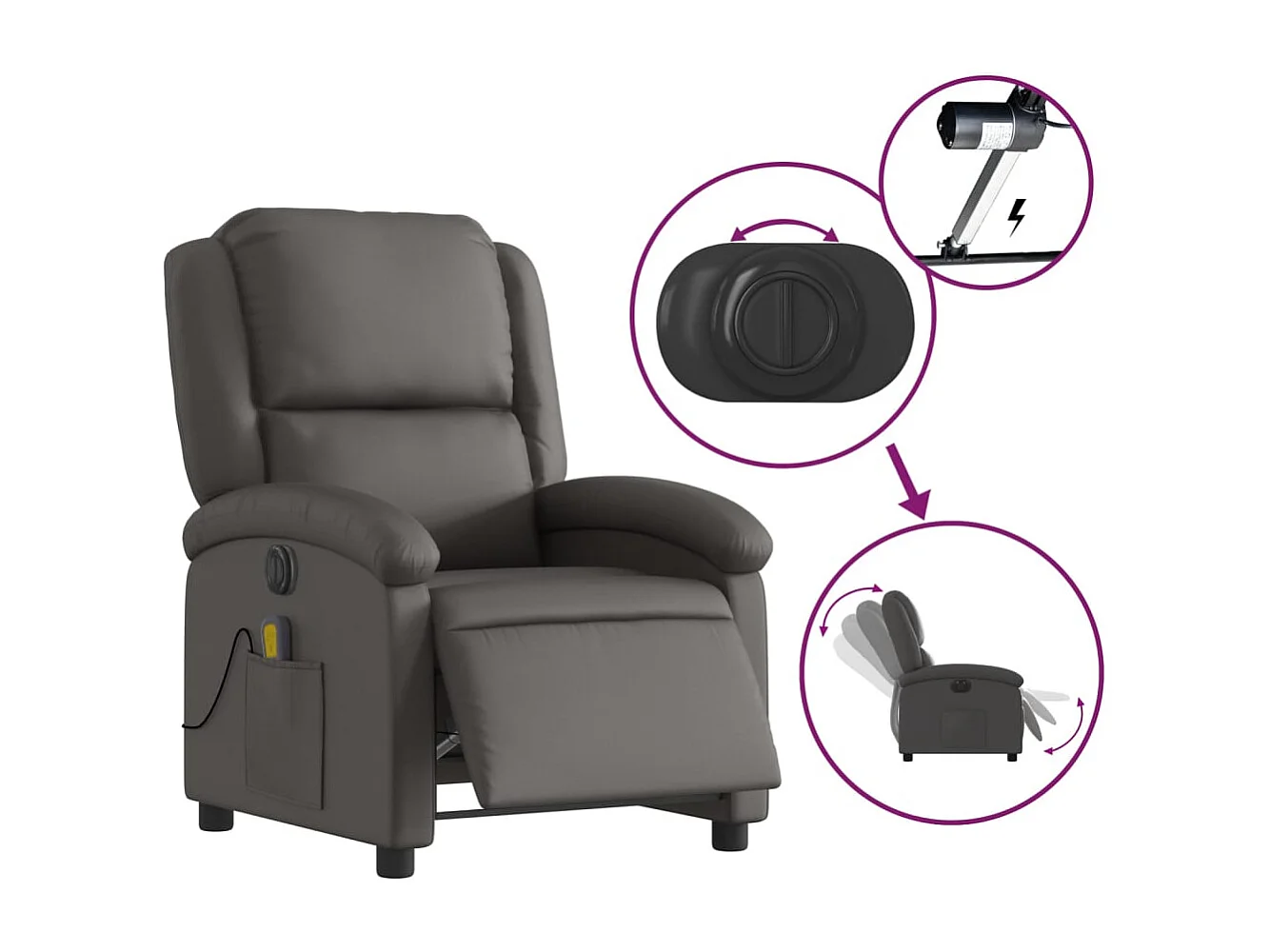 Fauteuil inclinable électrique gris cuir véritable