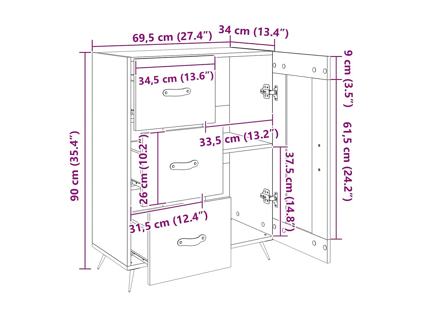 Buffet sonoma gris 69,5x34x90 cm bois d'ingénierie
