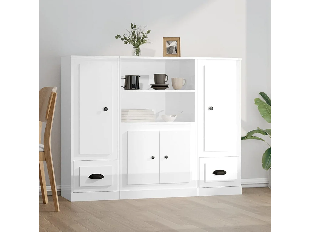 Hoge kasten 3 st bewerkt hout hoogglans wit