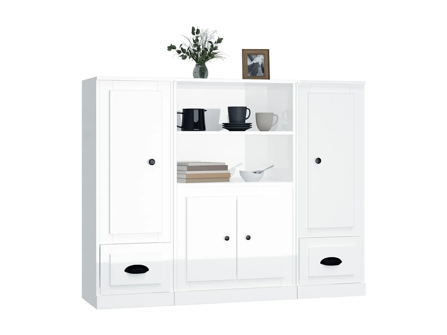 Hoge kasten 3 st bewerkt hout hoogglans wit