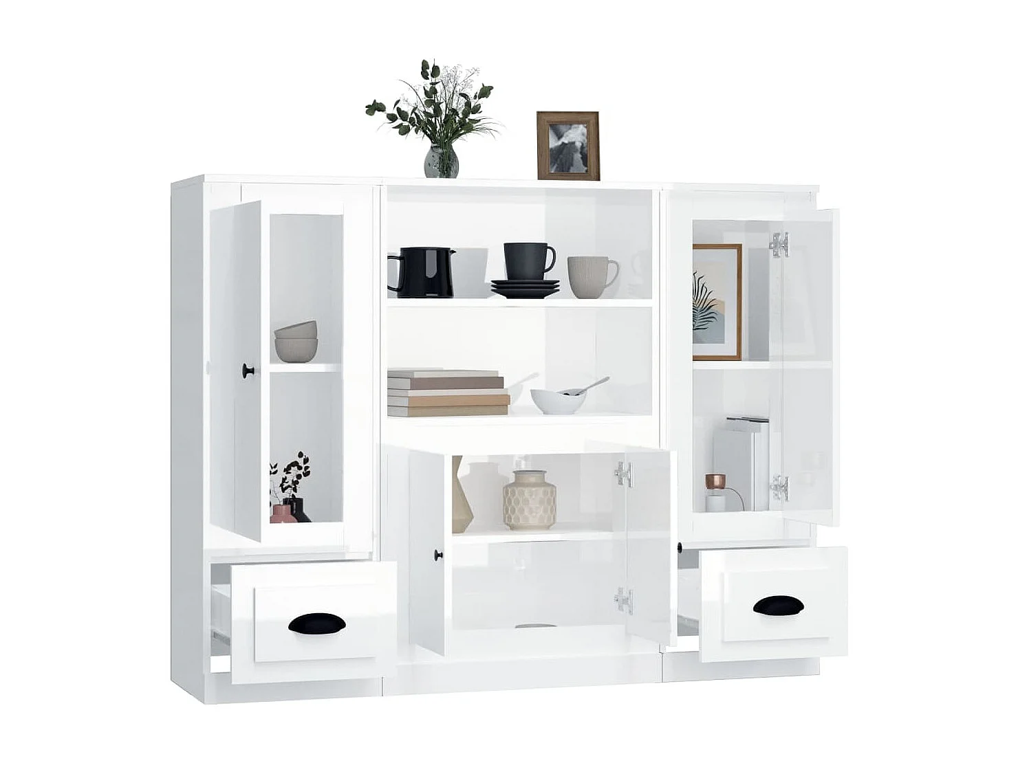 Hoge kasten 3 st bewerkt hout hoogglans wit