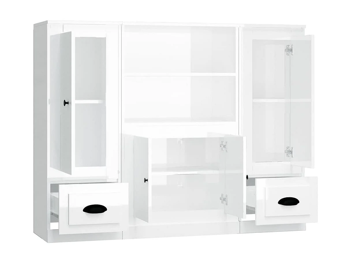 Hoge kasten 3 st bewerkt hout hoogglans wit