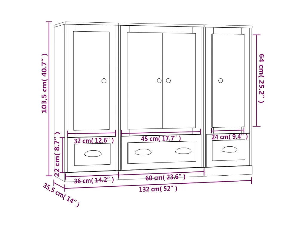 Hoge kasten 3 st bewerkt hout sonoma eikenkleurig