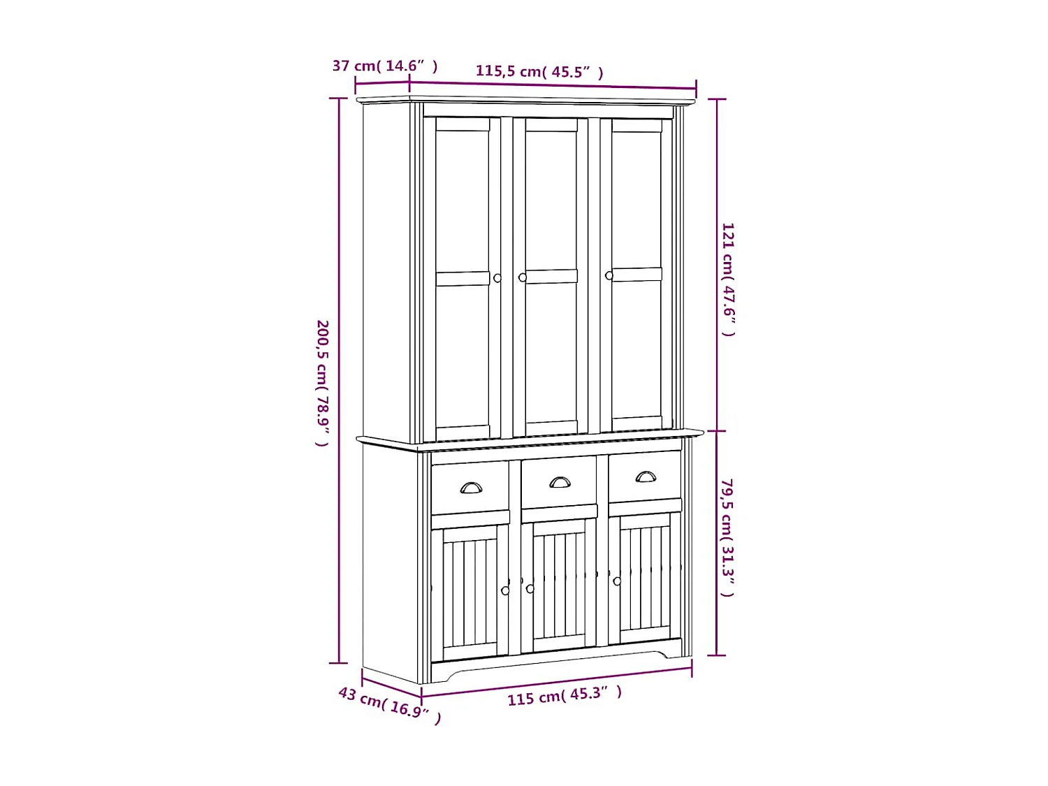 Buffet BODO blanc 115,5x43x200,5 cm bois massif de pin