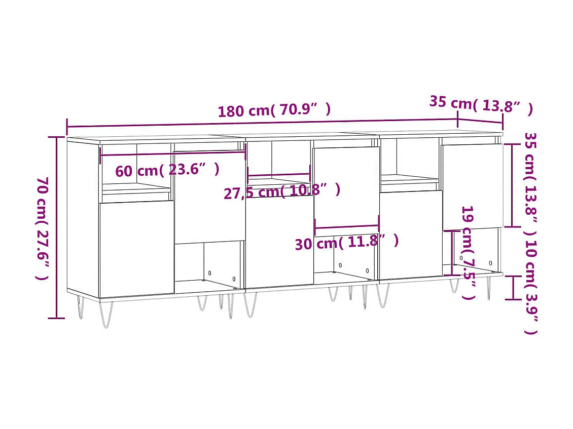Dressoirs 3 st bewerkt hout sonoma eiken
