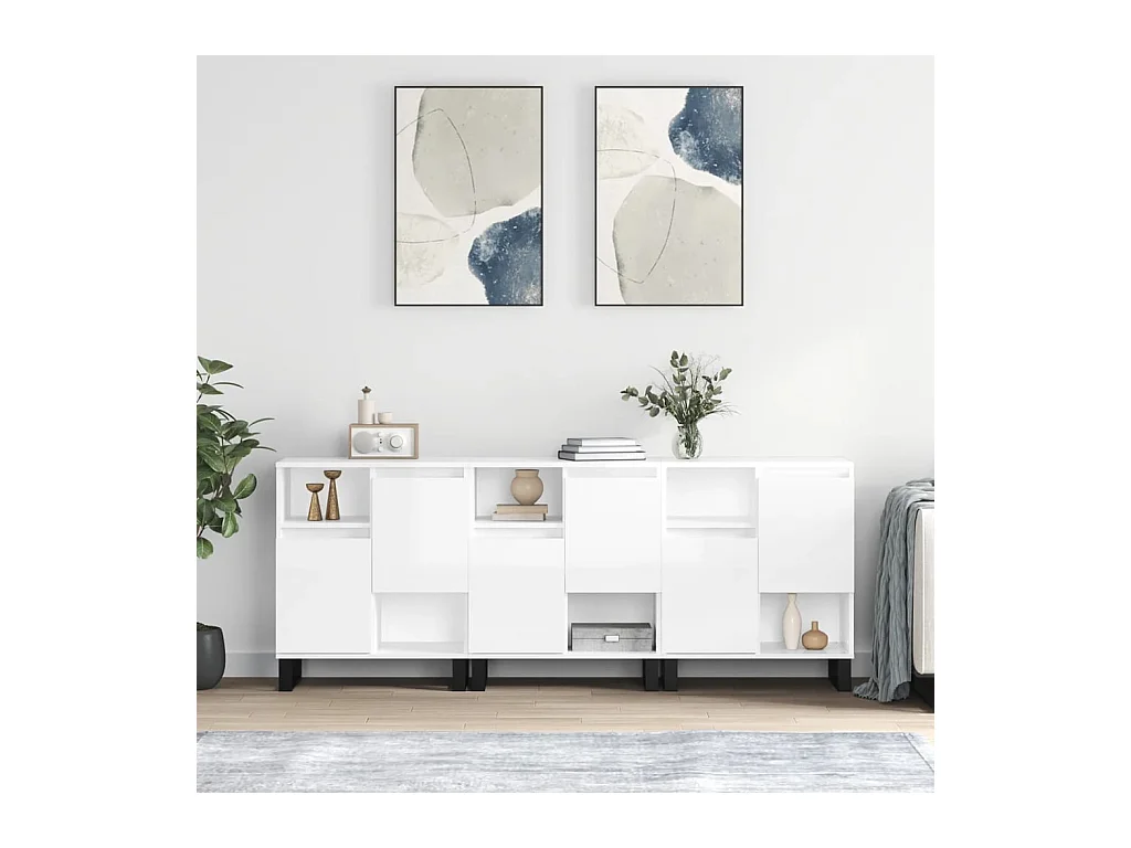 Credenze 3 pz Bianco Lucido in Legno Multistrato