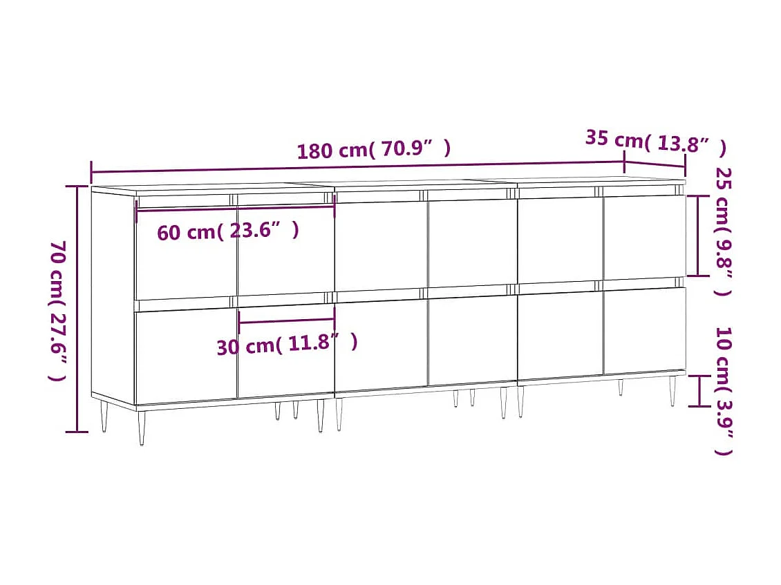 Credenze 3 pz Rovere Fumo in Legno Multistrato
