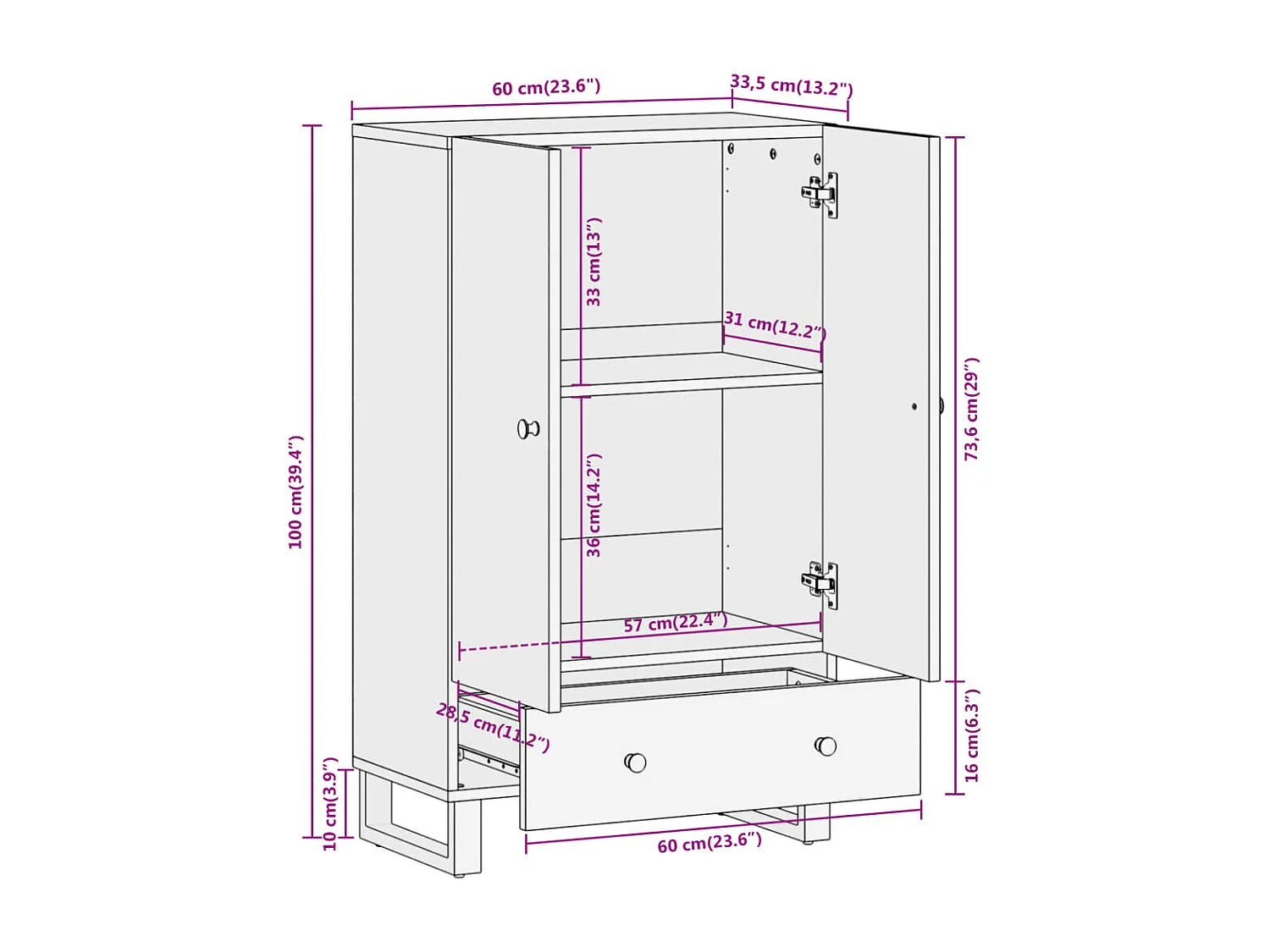 Buffet marron et noir 60x33,5x100 cm bois massif de manguier