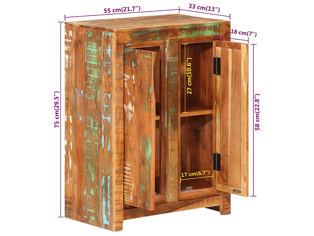 Aparador de madera maciza reciclada 55x33x75 cm
